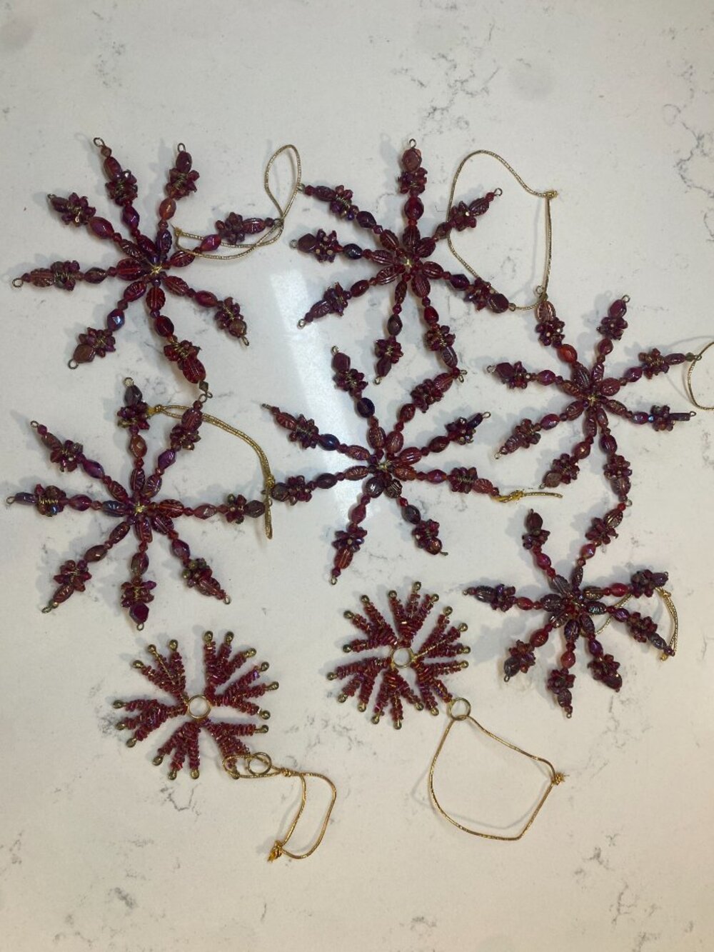 8 Handmade Burgundy Purple Beaded Snowflake Christmas Ornaments Gold Vintage